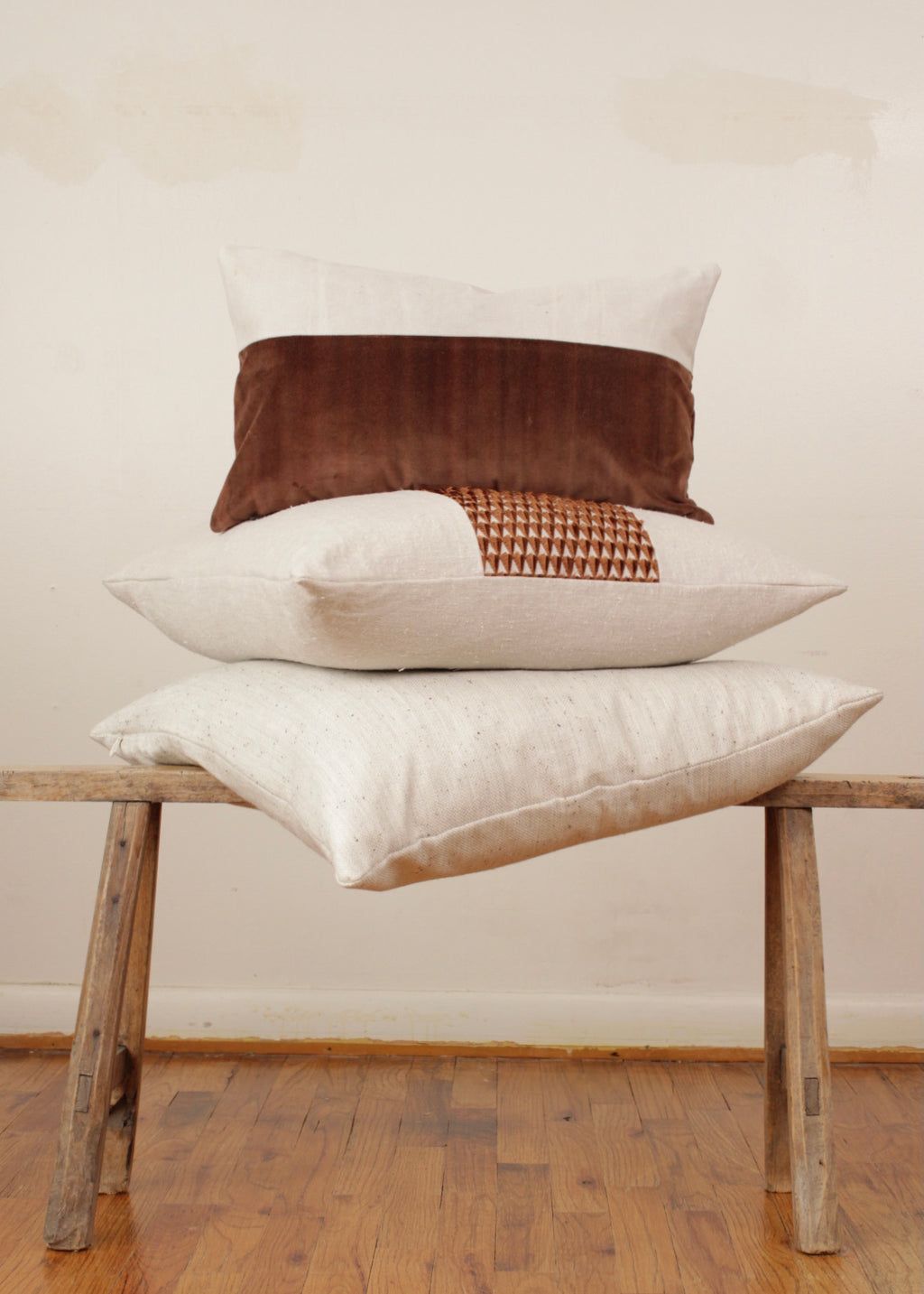 Cream Vintage Fabric with Rust Velvet Lumbar 12x20
