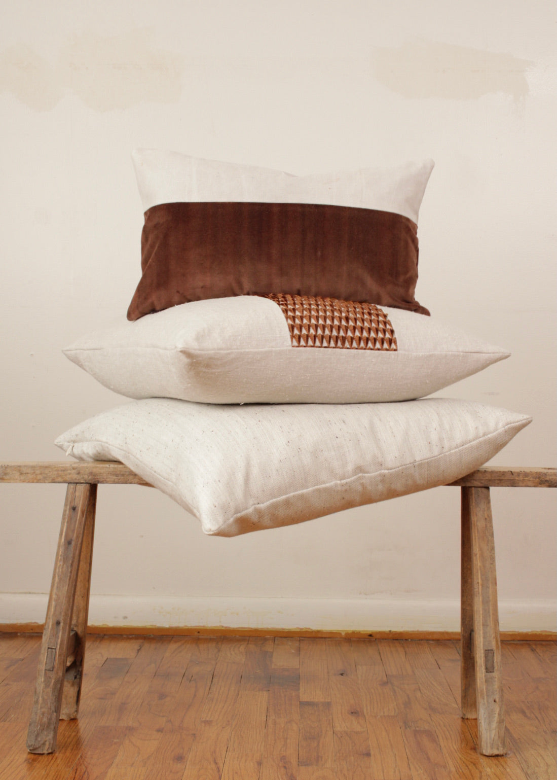 Cream Vintage Fabric with Rust Velvet Lumbar 12x20