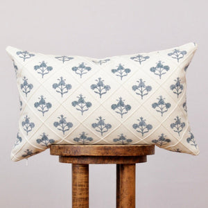 White & Blue French Floral Lumbar Pillow 14x22