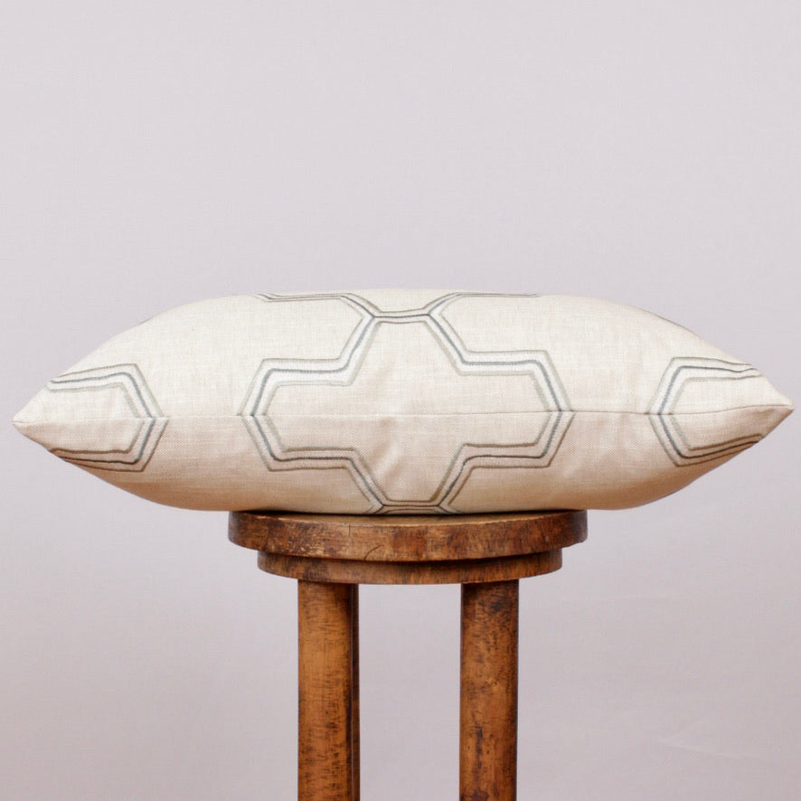 Teal, White & Tan Embroidered Honeycomb Pillow 16x24