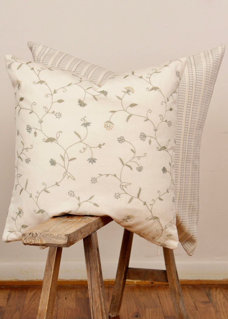 Blue Deco Embroidered Pattern on Cream Pillow 24x24