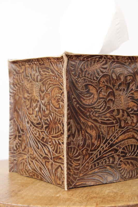 Embossed Brown Leather Single Tissue Box Cover