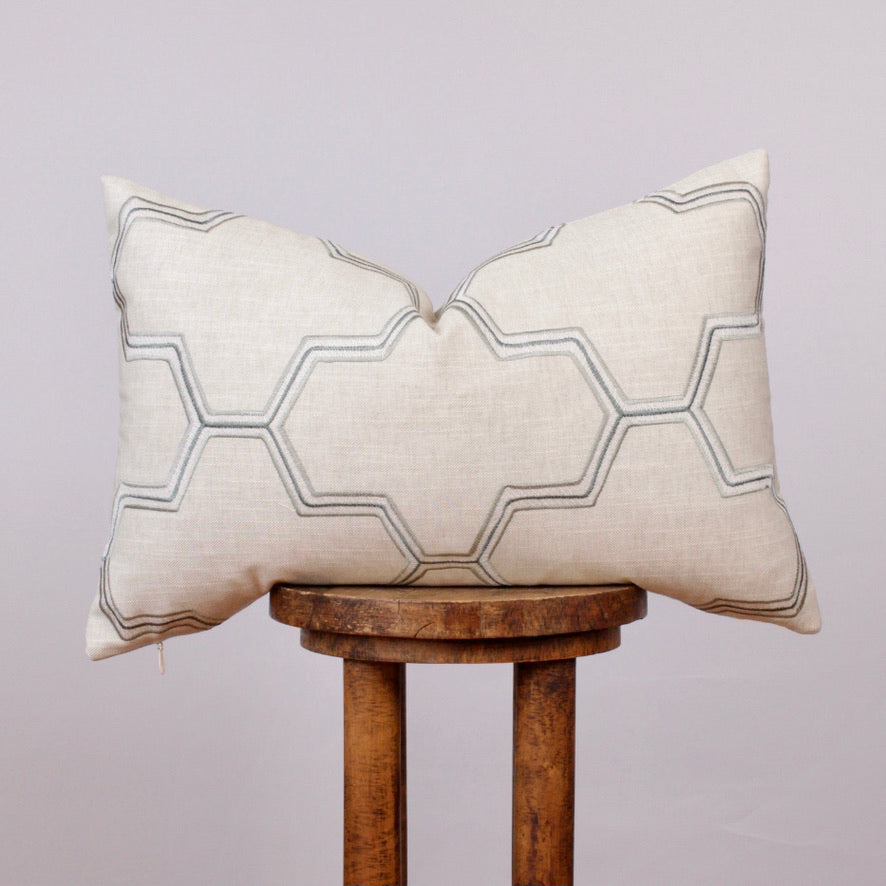Teal, White & Tan Embroidered Honeycomb Pillow 16x24
