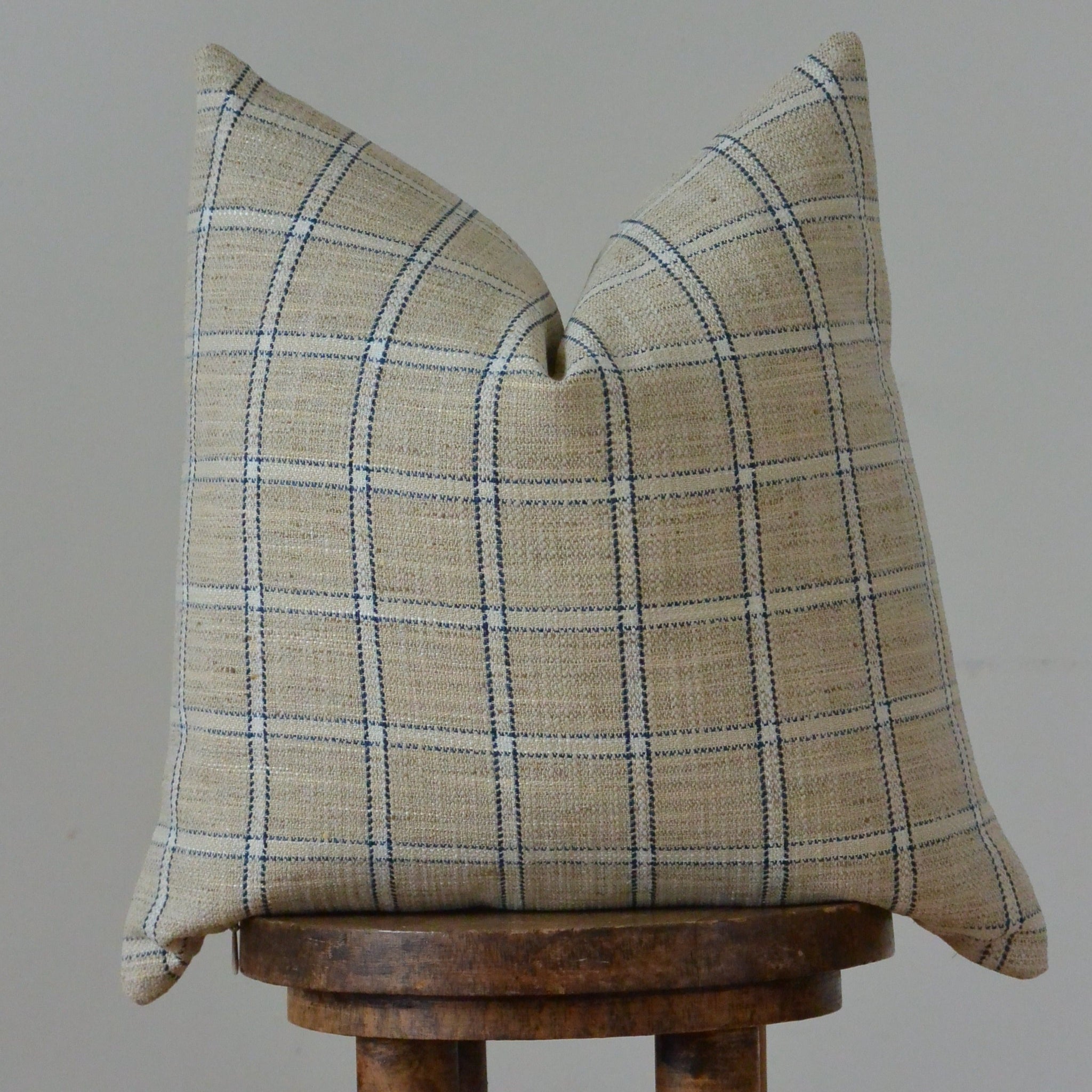 Beige Linen w Navy Plaid Stripes Decorative Pillow 18x18