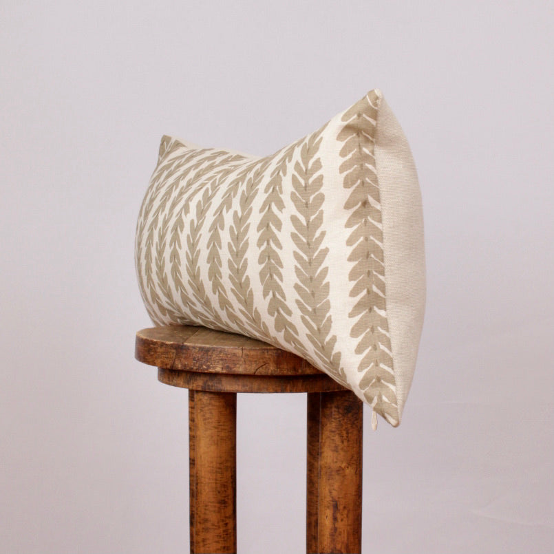Cream Linen with Green Vine Lumbar Pillow 13x27