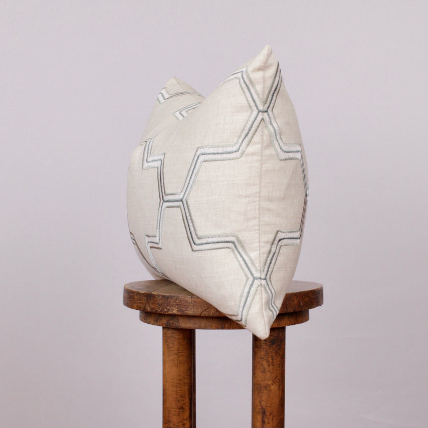 Teal, White & Tan Embroidered Honeycomb Pillow 16x24