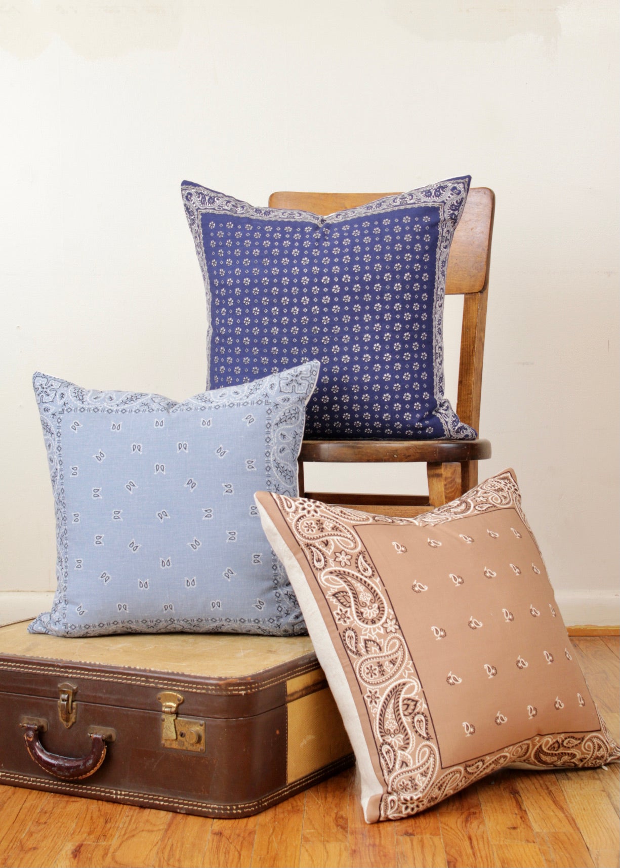 Light Blue Vintage Bandana Decorative Pillow 18x18