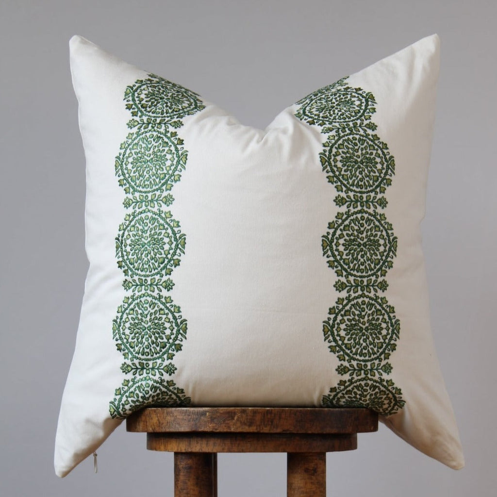 White with Embroidered Green Floral Medallion