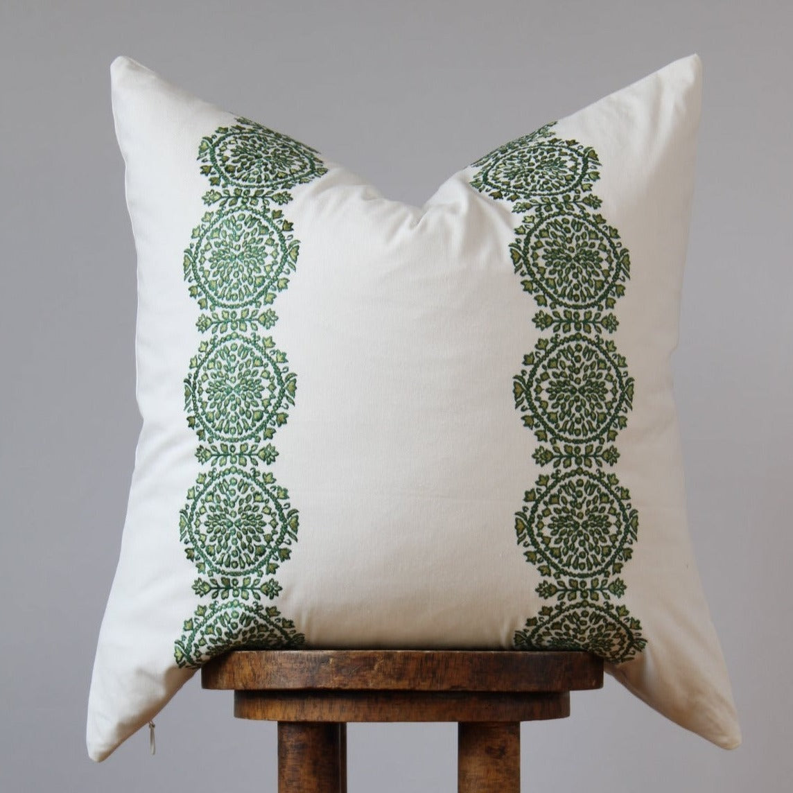 White with Embroidered Green Floral Medallion