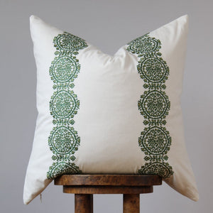 White Cotton with Embroidered Green Floral Medallion Pattern Pillow 22x22