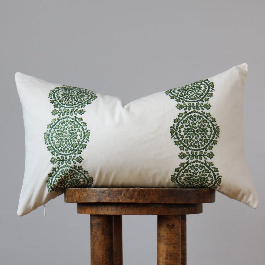 White with Embroidered Green Floral Medallion 12x20