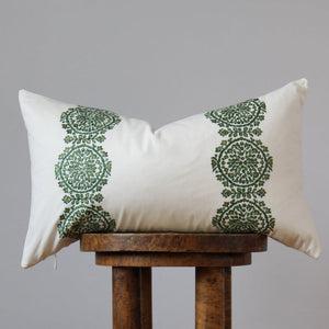 White Cotton with Embroidered Green Floral Medallion Pattern Lumbar Pillow 12x20