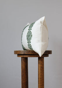 White Cotton with Embroidered Green Floral Medallion Pattern Lumbar Pillow 12x20