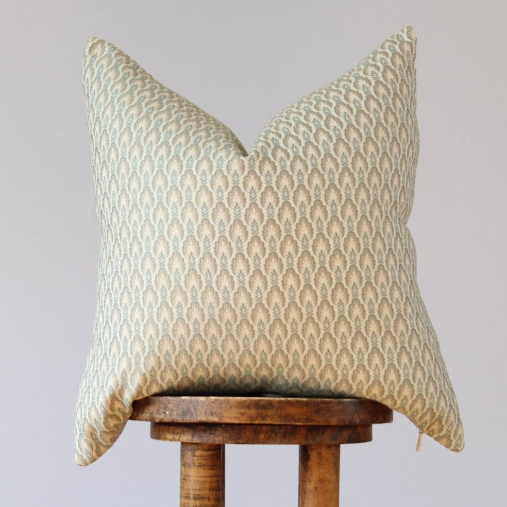 Embroidered Taupe and Blue Floral Motif Decorative Pillow 20x20