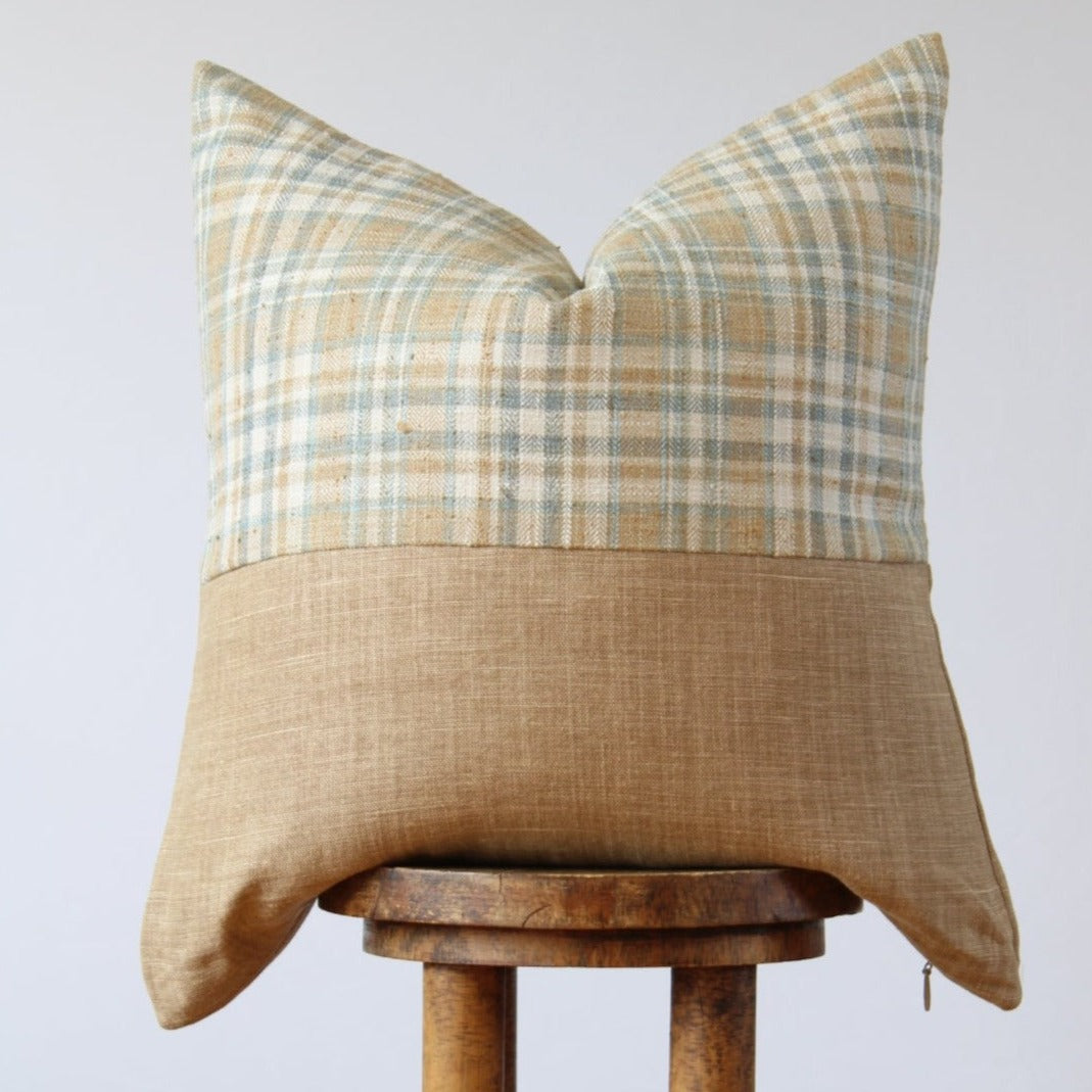 Blue, Gold & Cream Plaid Linen Pillow 22x22