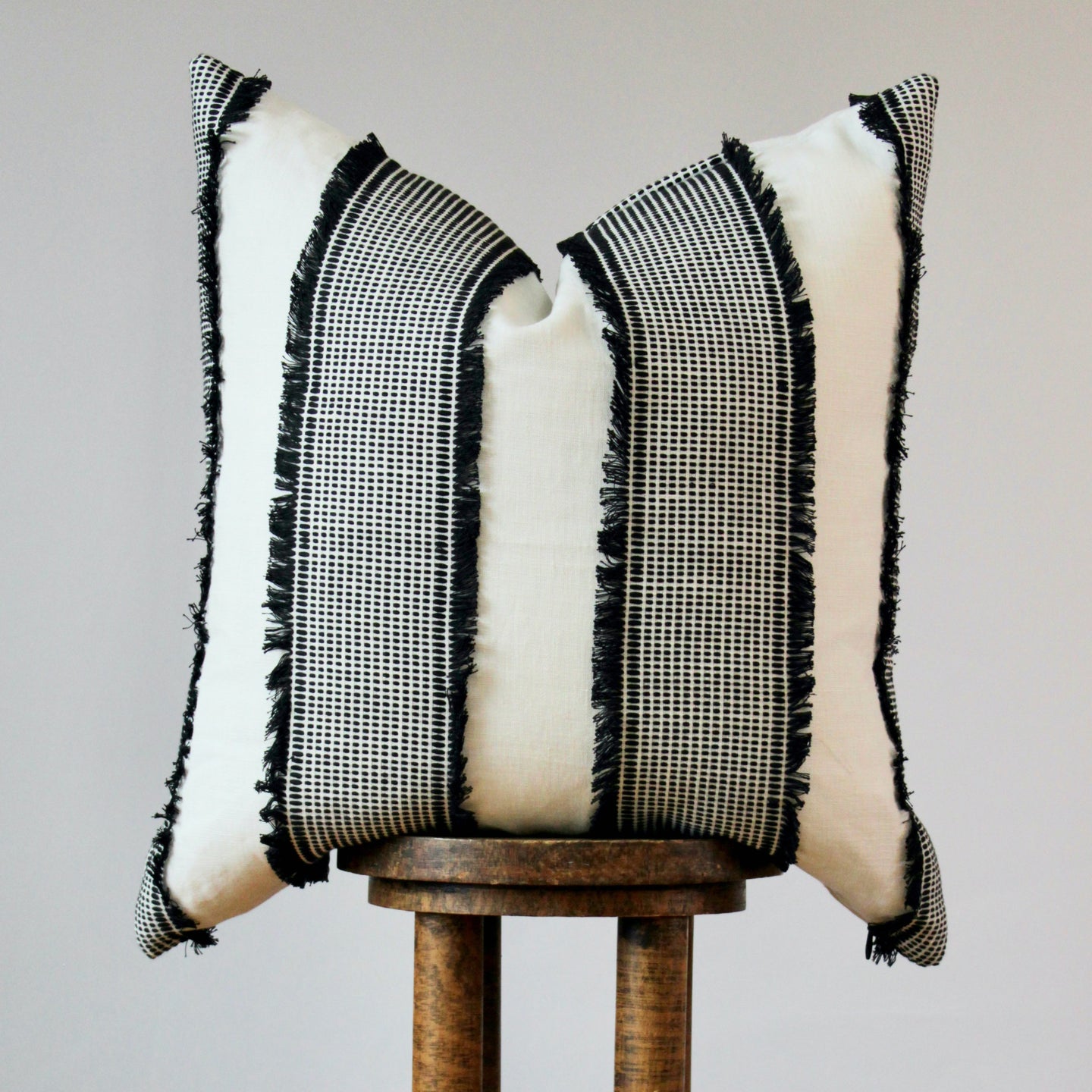 White with Black Stripes and Fringe Tassels Pillow 24x24